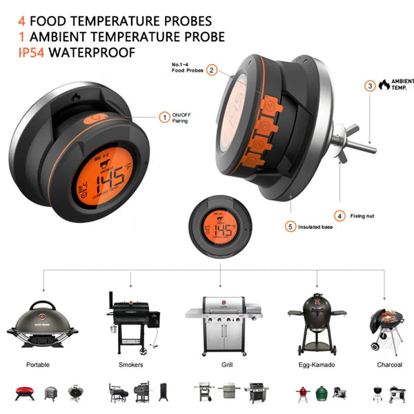 ToGrill Smart Wireless BBQ Thermometer - Bluetooth, 4 Temperatuursensoren, Smart App Control - Liwolf.com