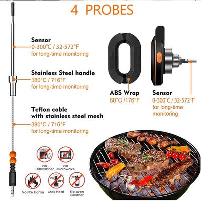 ToGrill Smart Wireless BBQ Thermometer - Bluetooth, 4 Temperatursensoren, Smart App Steuerung